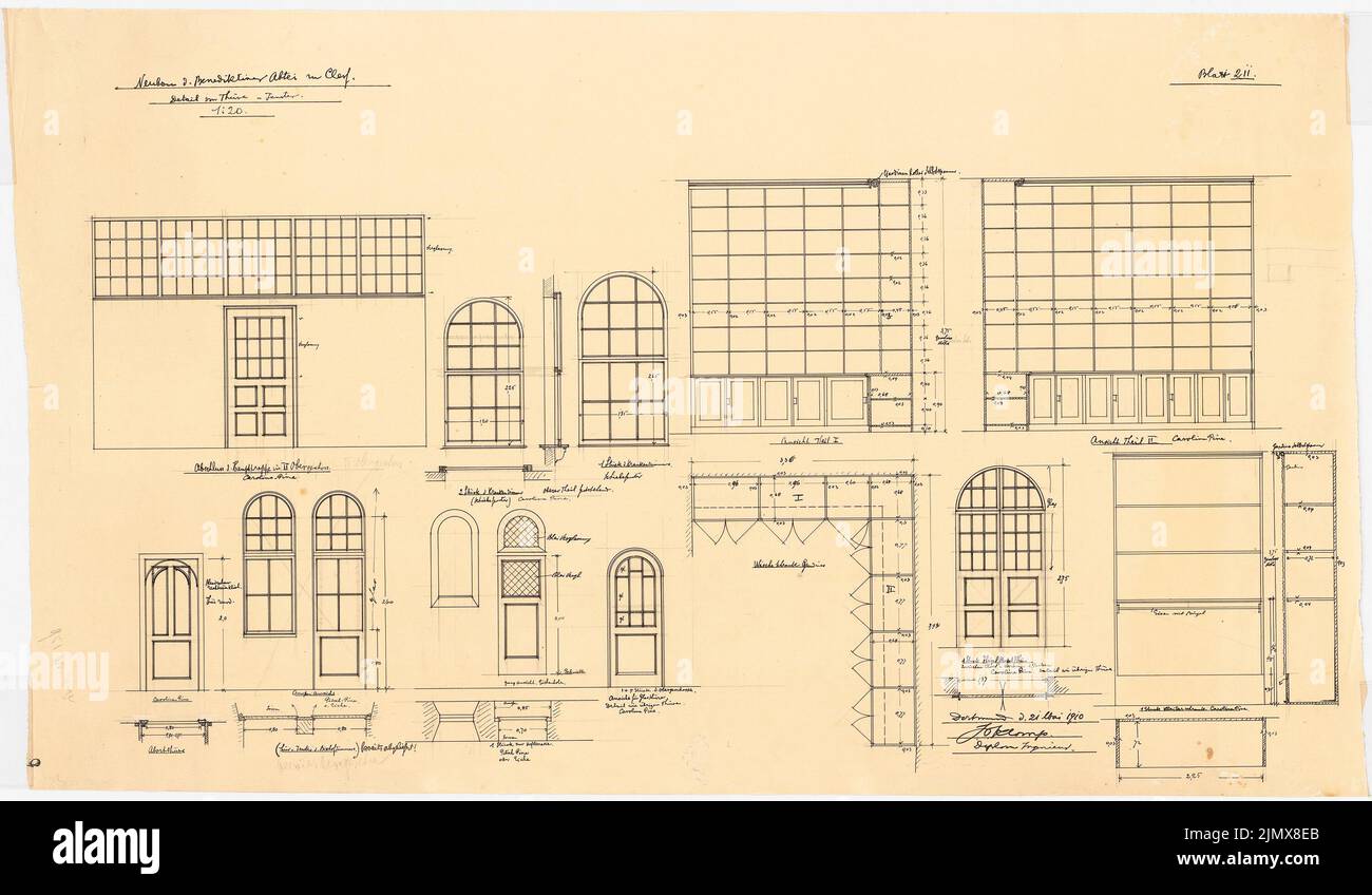 Klomp Johannes Franziskus (1865-1946), Abbaye de Benedectine Saint-Maurice, Clerf (Cllervaux), Luxembourg (21.05.1910) : détail des portes et fenêtres, plans d'étage, vues et coupes 1:20. Encre, crayon sur transparent, 60,2 x 103,2 cm (y compris les bords de balayage) Klomp Johannes Franziskus (1865-1946): Benedektinerabtei St. Maurice, Clerf (Clervaux) Banque D'Images