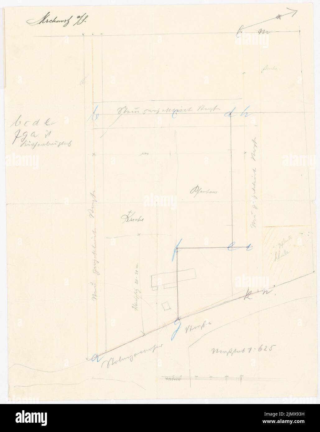 Klomp Johannes Franziskus (1865-1946), église et presbytère, Miechowitz (1910-1912): Plan de localisation. Crayon, crayon de couleur sur papier, 42,8 x 33,9 cm (y compris les bords de balayage) Klomp Johannes Franziskus (1865-1946): Kirche und Pfarrhaus, Miechowitz Banque D'Images