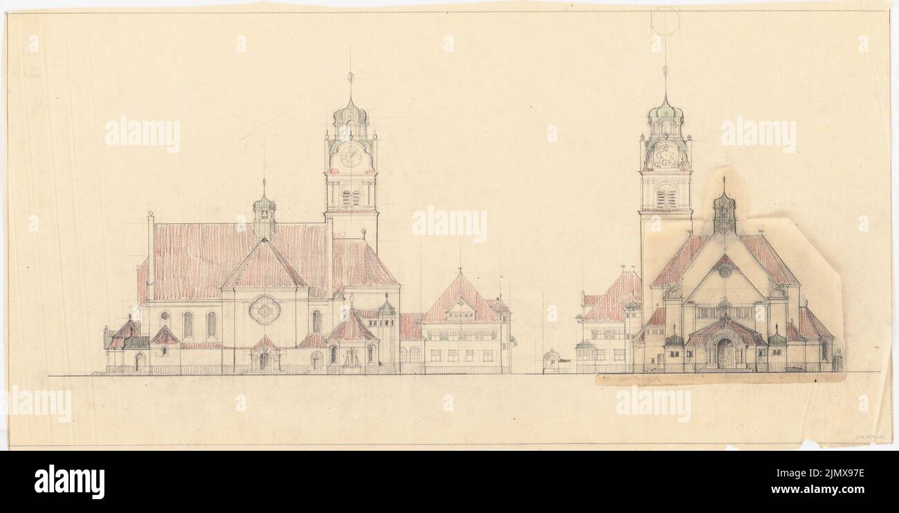 Klomp Johannes Franziskus (1865-1946), église et presbytère, Miechowitz (1910-1912) : croquis de vue latérale et de face (avec chevauchement). Crayon, crayon de couleur sur transparent, 44,5 x 88,7 cm (y compris les bords de balayage) Klomp Johannes Franziskus (1865-1946): Kirche und Pfarrhaus, Miechowitz Banque D'Images