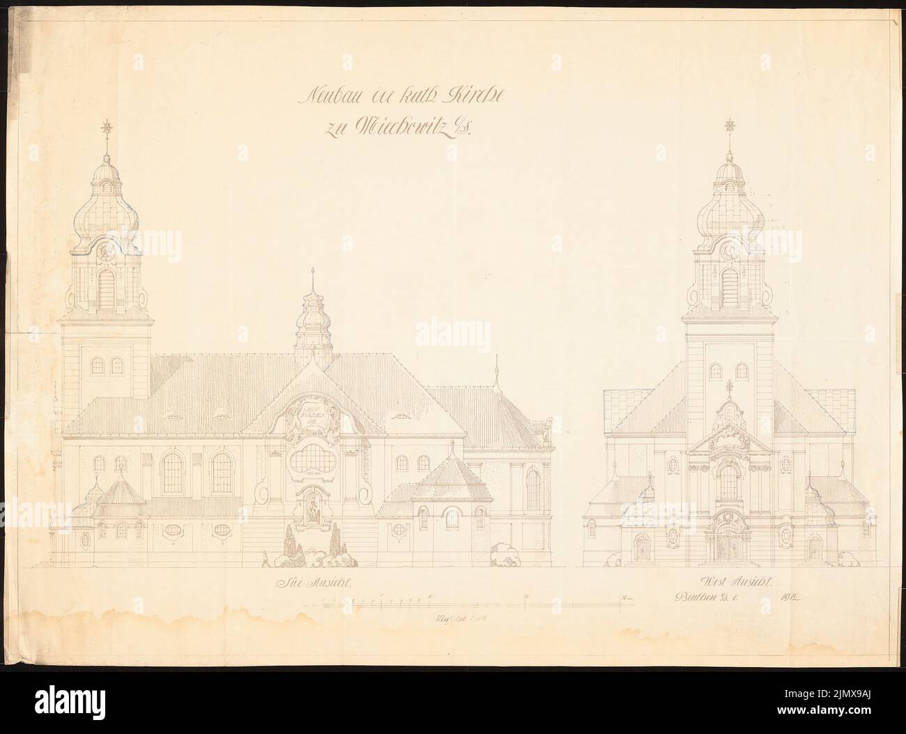 Klomp Johannes Franziskus (1865-1946), église et presbytère, Miechowitz (1912) : vue latérale et avant 1 : 100. Crayon, crayon de couleur sur la pointe de lumière sur le papier, 70 x 94,4 cm (y compris les bords de balayage) Klomp Johannes Franziskus (1865-1946): Kirche und Pfarrhaus, Miechowitz Banque D'Images