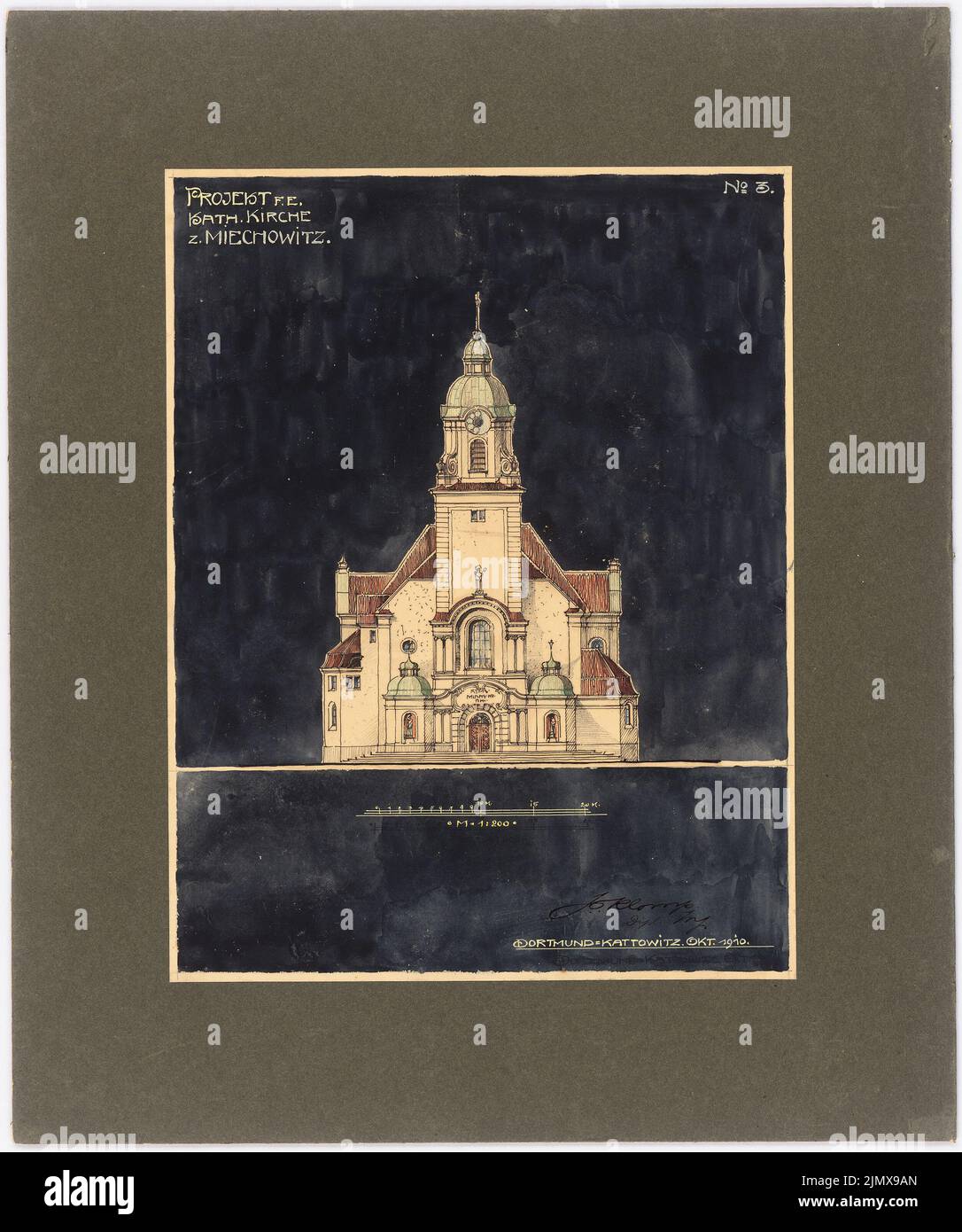 Klomp Johannes Franziskus (1865-1946), église et presbytère, Miechowitz (10,1910): Vue de face 1: 200 (fiche 3). Encre, crayon, crayon de couleur aquarelle sur papier, sur carton, 55,5 x 46,3 cm (y compris les bords de balayage) Klomp Johannes Franziskus (1865-1946): Kirche und Pfarrhaus, Miechowitz Banque D'Images