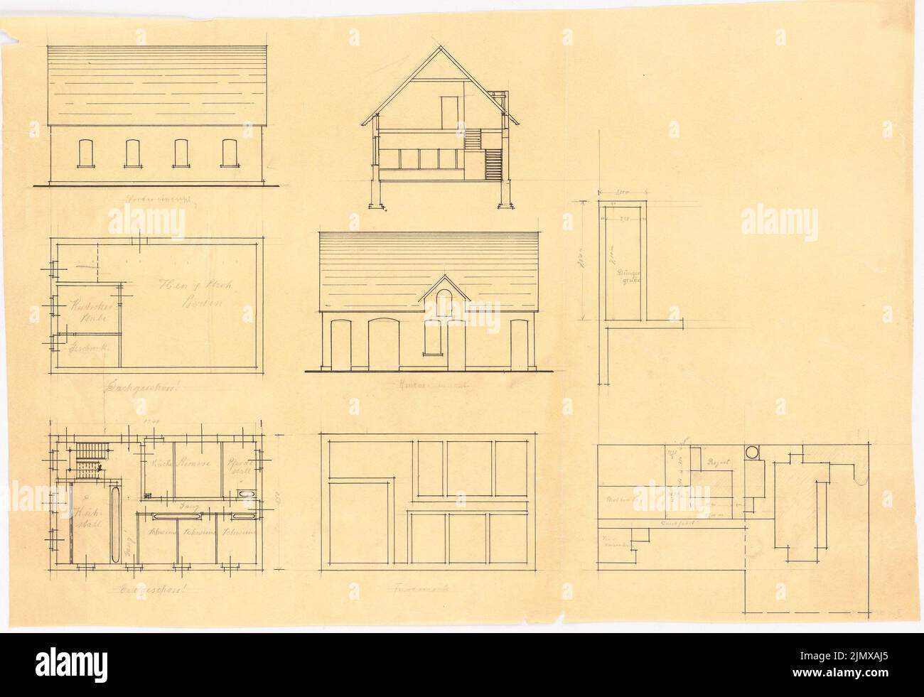 Klomp Johannes Franziskus (1865-1946), Vinzenz-Waisenhaus (avec bâtiment stable), Dortmund (1899-1903) : plan du site, plans d'étage, vues et coupe de l'édifice stable. Encre, crayon sur transparent, 39,9 x 58,1 cm (y compris les bords de balayage) Klomp Johannes Franziskus (1865-1946): Vinzenz-Waisenhaus (mit Stallgebäude), Dortmund Banque D'Images