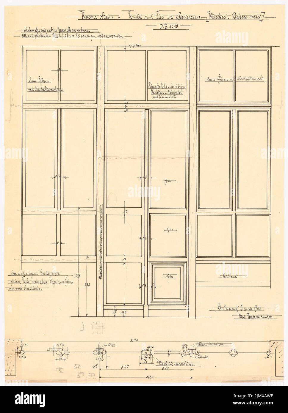 Klomp Johannes Franziskus (1865-1946), Vinzenz-Waisenhaus (avec bâtiment stable), Dortmund (01,1903): Fenêtre et porte au rez-de-chaussée de la buanderie vue et plan d'étage 1:10. Encre, crayon sur transparent, 54,1 x 40,3 cm (y compris les bords de balayage) Klomp Johannes Franziskus (1865-1946): Vinzenz-Waisenhaus (mit Stallgebäude), Dortmund Banque D'Images