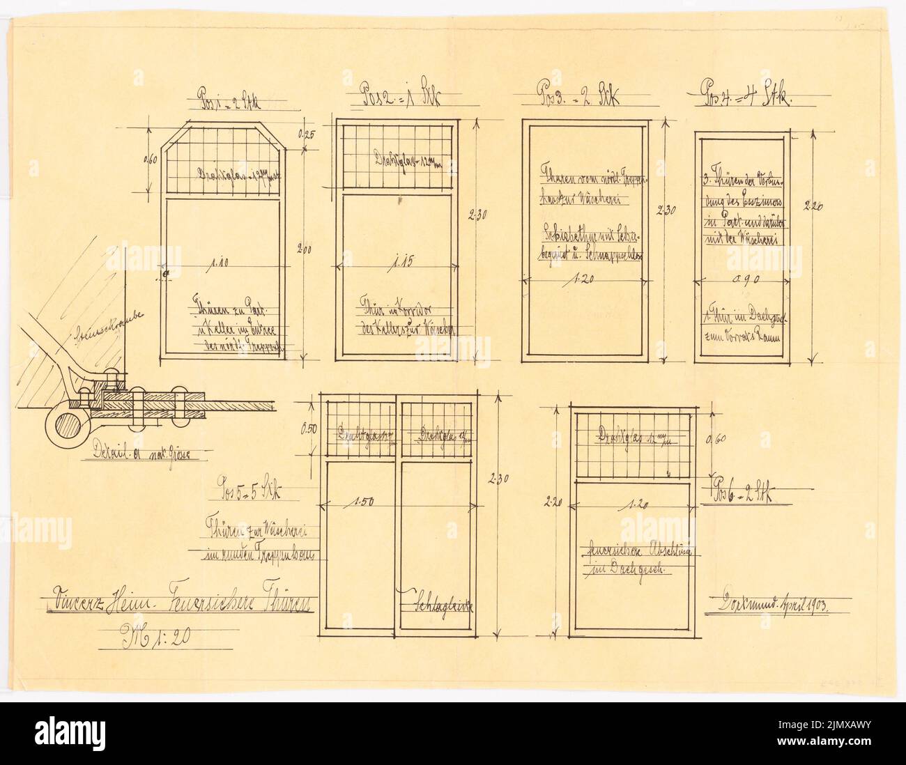 Klomp Johannes Franziskus (1865-1946), Vinzenz-Waisenhaus (avec bâtiment stable), Dortmund (04,1903): Portes coupe-feu 1:20; détail 1: 1. Encre sur transparent, 33,5 x 43,1 cm (y compris les bords de balayage) Klomp Johannes Franziskus (1865-1946): Vinzenz-Waisenhaus (mit Stallgebäude), Dortmund Banque D'Images