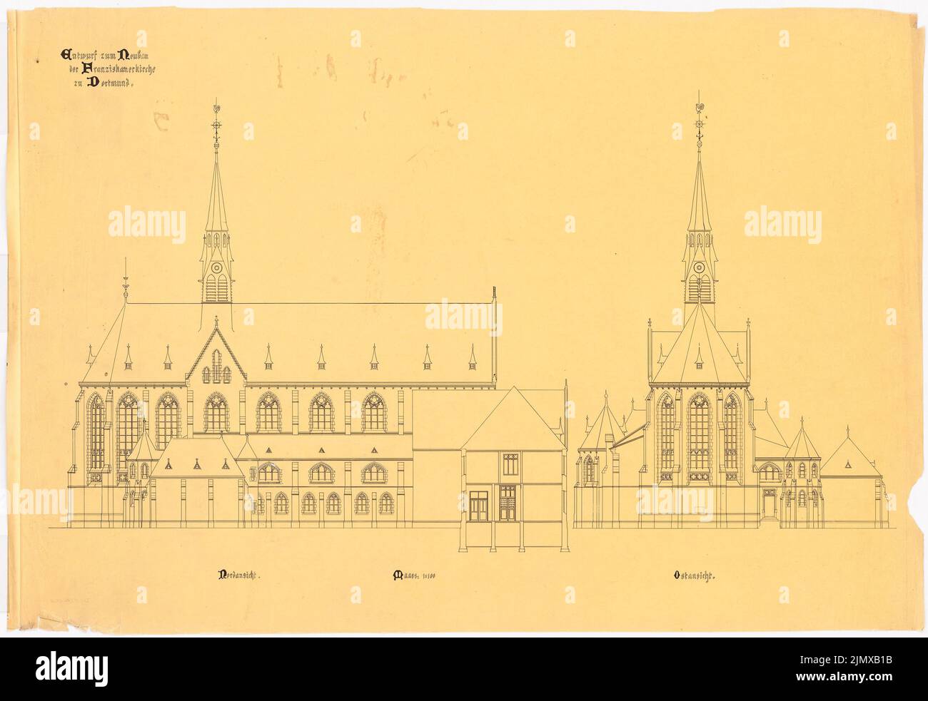 Klomp Johannes Franziskus (1865-1946), Saint François (et le monastère franciscain d'expansion), Dortmund (1900-1903) : vue du nord et de l'est 1 : 100. Encre sur transparent, 72,5 x 105,4 cm (y compris les bords de balayage) Klomp Johannes Franziskus (1865-1946): St. Franziskus (und Erweiterung Franziskanerkloster), Dortmund Banque D'Images