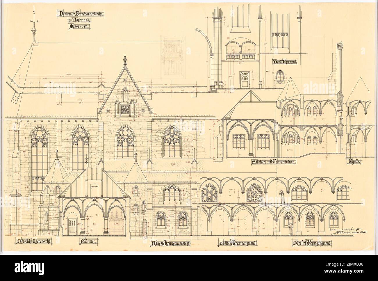 Klomp Johannes Franziskus (1865-1946), Saint François (et extension du monastère franciscain), Dortmund (09.01.1901) : vue du chœur du nord, vue du cloître extérieur, coupes de la sacristie, mur du chœur et cloître 1:50. Encre, encre colorée sur transparent, 67,8 x 100,5 cm (y compris les bords de balayage) Klomp Johannes Franziskus (1865-1946): St. Franziskus (und Erweiterung Franziskanerkloster), Dortmund Banque D'Images