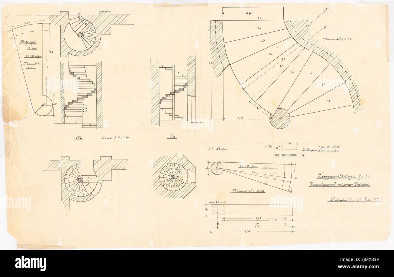 Klomp Johannes Franziskus (1865-1946), Saint François (et le monastère franciscain d'expansion), Dortmund (20 février 1901): Escalier, plans d'étage et coupes 1:50 et détails des niveaux 1:10. Encre, crayon sur transparent, 36,5 x 57,7 cm (y compris les bords de balayage) Klomp Johannes Franziskus (1865-1946): St. Franziskus (und Erweiterung Franziskanerkloster), Dortmund Banque D'Images