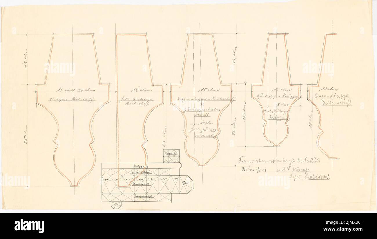 Klomp Johannes Franziskus (1865-1946), Saint François (et le monastère franciscain d'expansion), Dortmund (02.08.1901): Détails des côtes de la ceinture, coupes 1: 1 et plan de plancher. Encre, crayon, crayon coloré sur transparent, 51,8 x 91,5 cm (y compris les bords de balayage) Klomp Johannes Franziskus (1865-1946): St. Franziskus (und Erweiterung Franziskanerkloster), Dortmund Banque D'Images