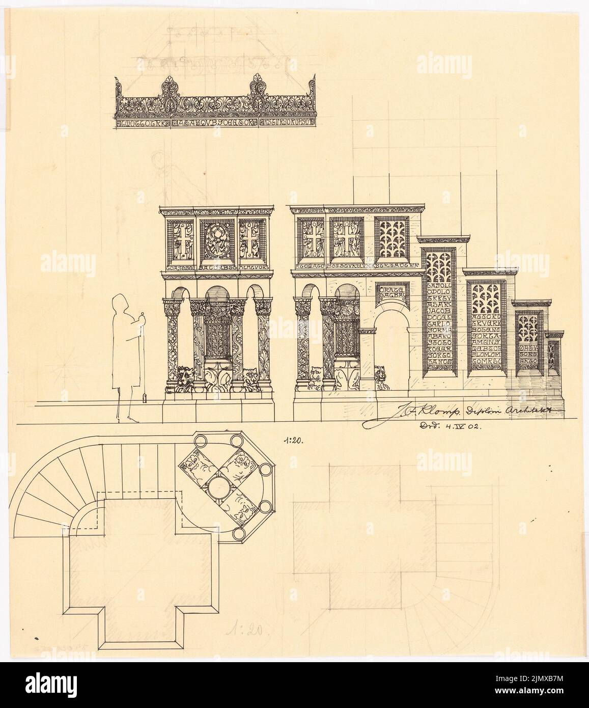 Klomp Johannes Franziskus (1865-1946), Saint François (et le monastère franciscain d'expansion), Dortmund (4 avril 1902) : chaire, vue de face et de côté, plans d'étage 1:20. Encre, crayon sur transparent, 46,6 x 41,5 cm (y compris les bords de balayage) Klomp Johannes Franziskus (1865-1946): St. Franziskus (und Erweiterung Franziskanerkloster), Dortmund Banque D'Images