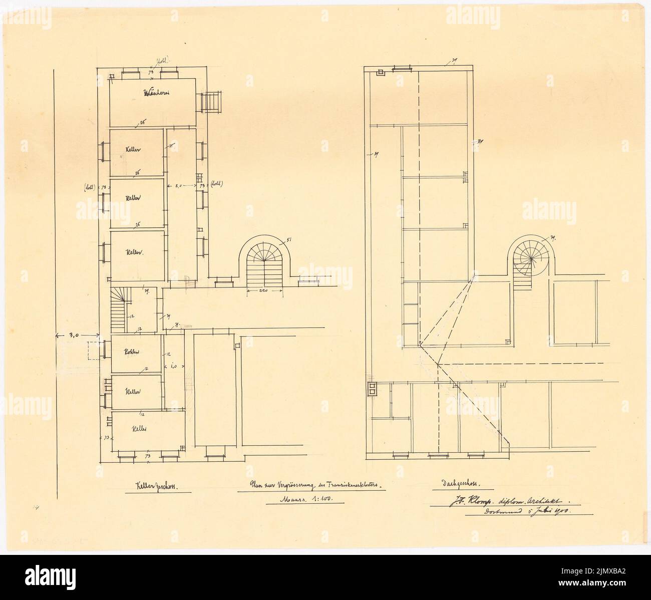 Klomp Johannes Franziskus (1865-1946), Saint François (et agrandissement du monastère franciscain), Dortmund (5 juillet 1900): Plans d'étage de la cave et du grenier du monastère culture 1: 100. Encre, crayon sur transparent, 37,6 x 44,1 cm (y compris les bords de balayage) Klomp Johannes Franziskus (1865-1946): St. Franziskus (und Erweiterung Franziskanerkloster), Dortmund Banque D'Images