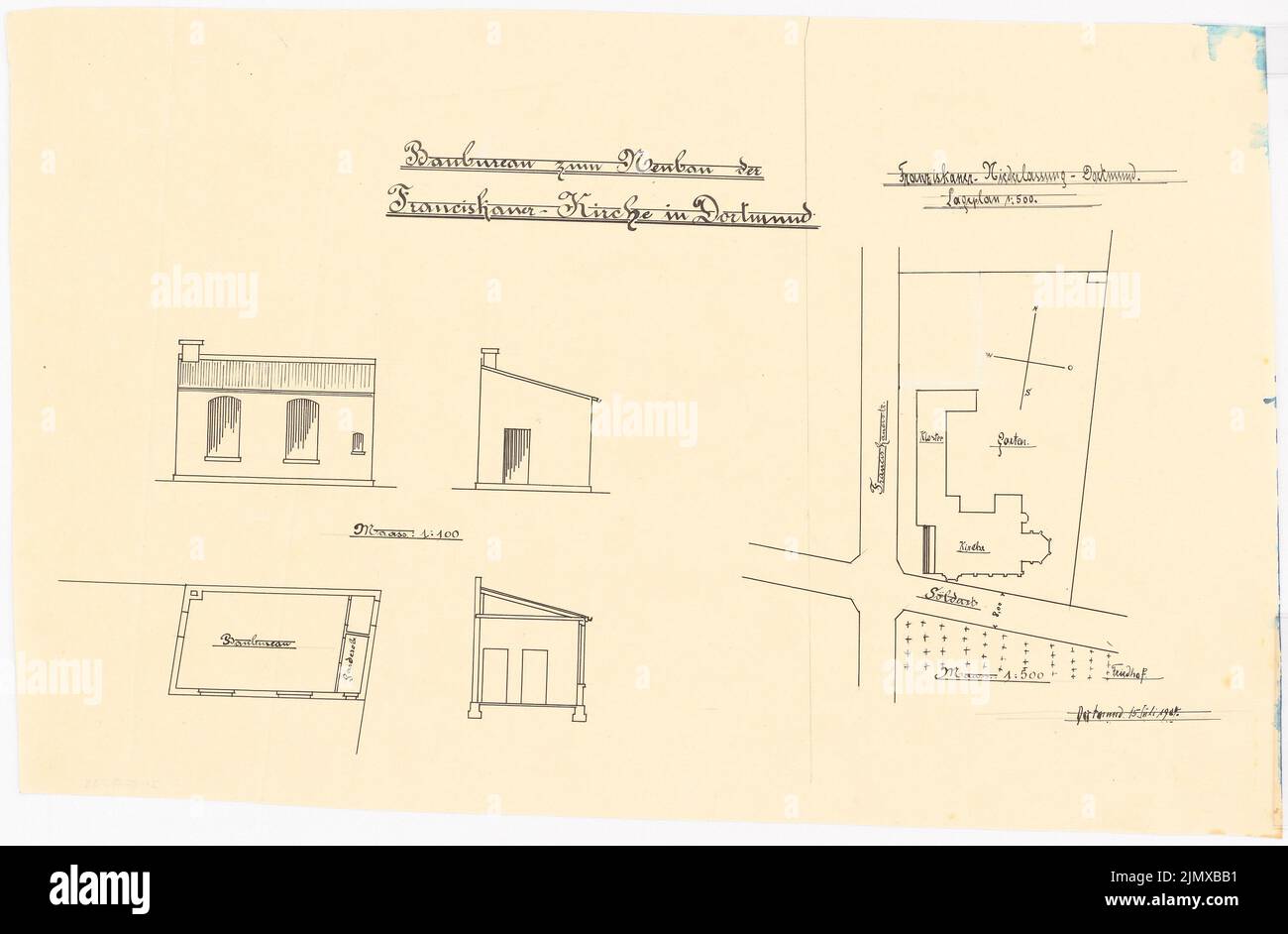 Klomp Johannes Franziskus (1865-1946), Saint François (et agrandissement du monastère franciscain), Dortmund (15 juillet 1904): Baubüro pour le nouveau bâtiment du Franziskanerkirche, vues, plan d'étage et section transversale 1: 100, plan d'emplacement du site 1: 500. Encre sur transparent, 34,5 x 52,6 cm (y compris les bords de balayage) Klomp Johannes Franziskus (1865-1946): St. Franziskus (und Erweiterung Franziskanerkloster), Dortmund Banque D'Images