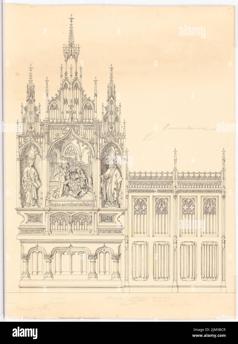 Klomp Johannes Franziskus (1865-1946), Saint François (et le monastère franciscain d'expansion), Dortmund (1900-1903): Travail du bois dans la région du choeur, vue 1:10 (partie 2). Encre sur carton, 64,9 x 48,2 cm (y compris les bords de balayage) Klomp Johannes Franziskus (1865-1946): St. Franziskus (und Erweiterung Franziskanerkloster), Dortmund Banque D'Images