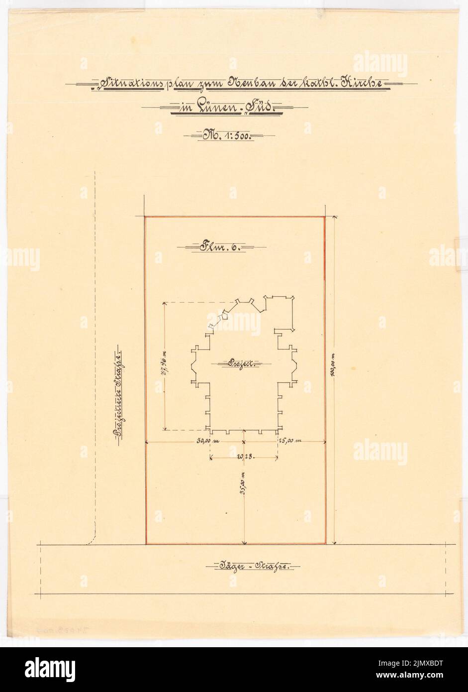 Klomp Johannes Franziskus (1865-1946), Église Sainte-famille, Lünen (1901-1904) : Département 1 : 500. Encre, encre colorée sur transparent, 39,3 x 28,5 cm (y compris les bords de balayage) Klomp Johannes Franziskus (1865-1946): Heilige Familie-Kirche, Lünen Banque D'Images