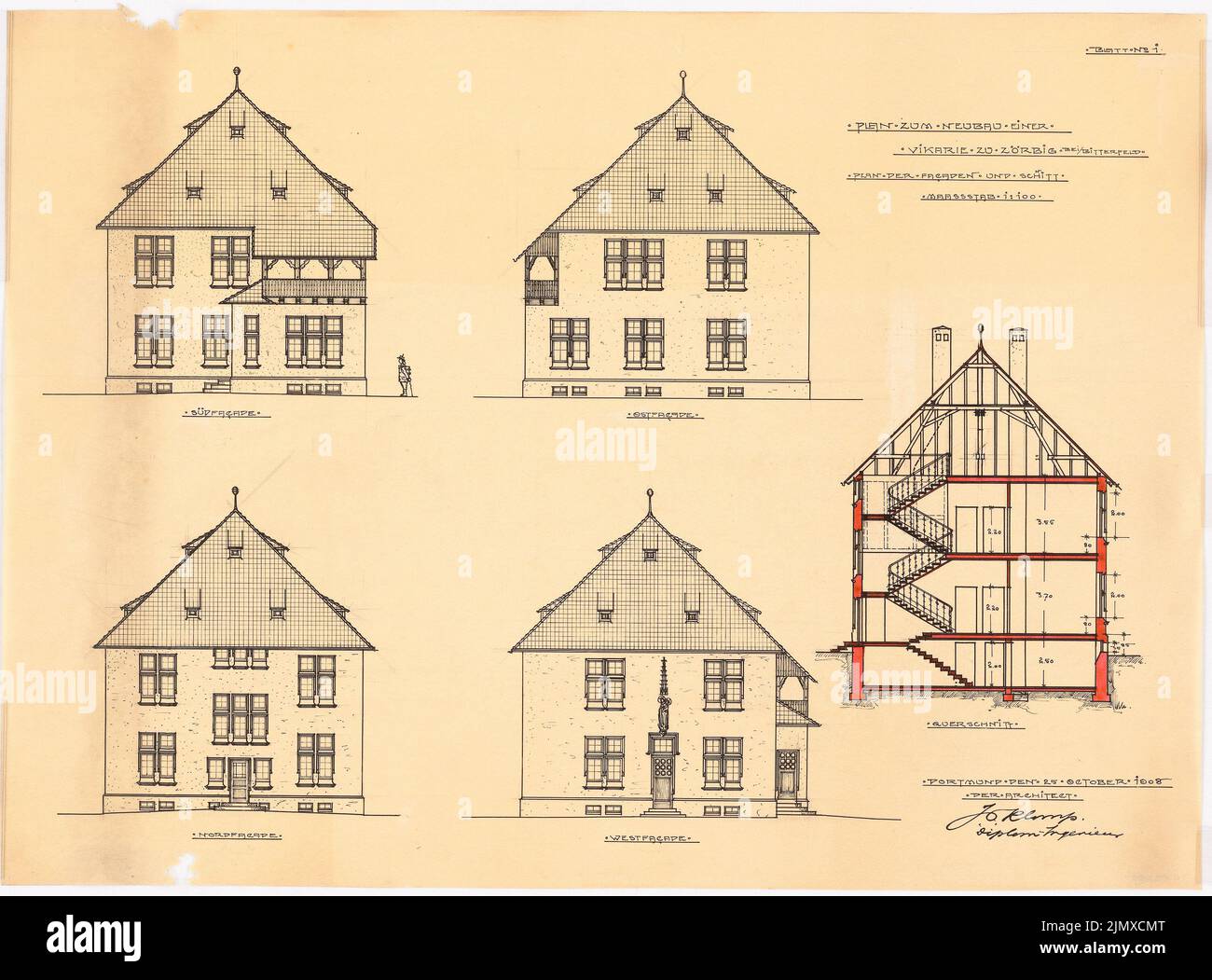 Klomp Johannes Franziskus (1865-1946), Vicarhaus et église Saint-Antonius, Zörbig (25.10.1908) : vues et coupe du presbytère 1 : 100 (fiche 1). Tusche, crayon aquarelle sur transparent, 41,3 x 55,8 cm (y compris les bords de balayage) Klomp Johannes Franziskus (1865-1946): Vikarhaus und Kirche St. Antonius, Zörbig Banque D'Images