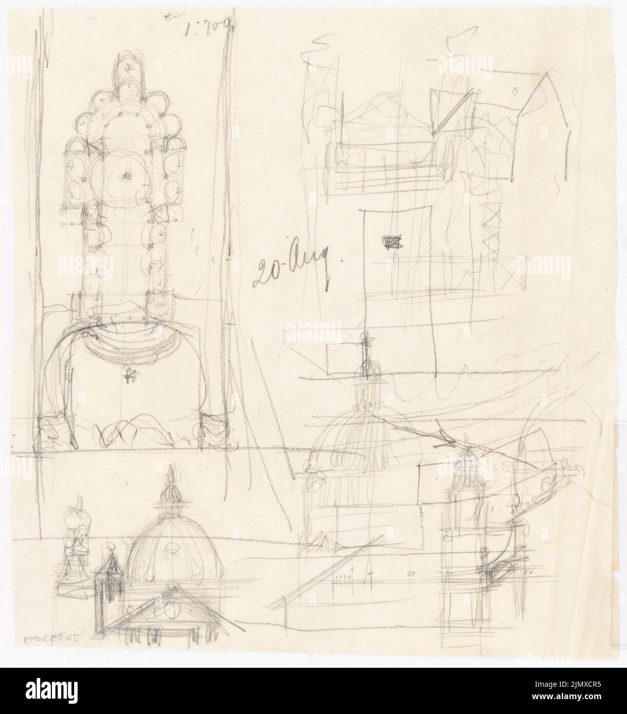 Klomp Johannes Franziskus (1865-1946), église de pèlerinage, Luxembourg (20.08.1910) : croquis du plan d'étage et vues. Crayon sur transparent, 26 x 24,4 cm (y compris les bords de balayage) Klomp Johannes Franziskus (1865-1946): Wallfahrtskirche, Luxembourg Banque D'Images