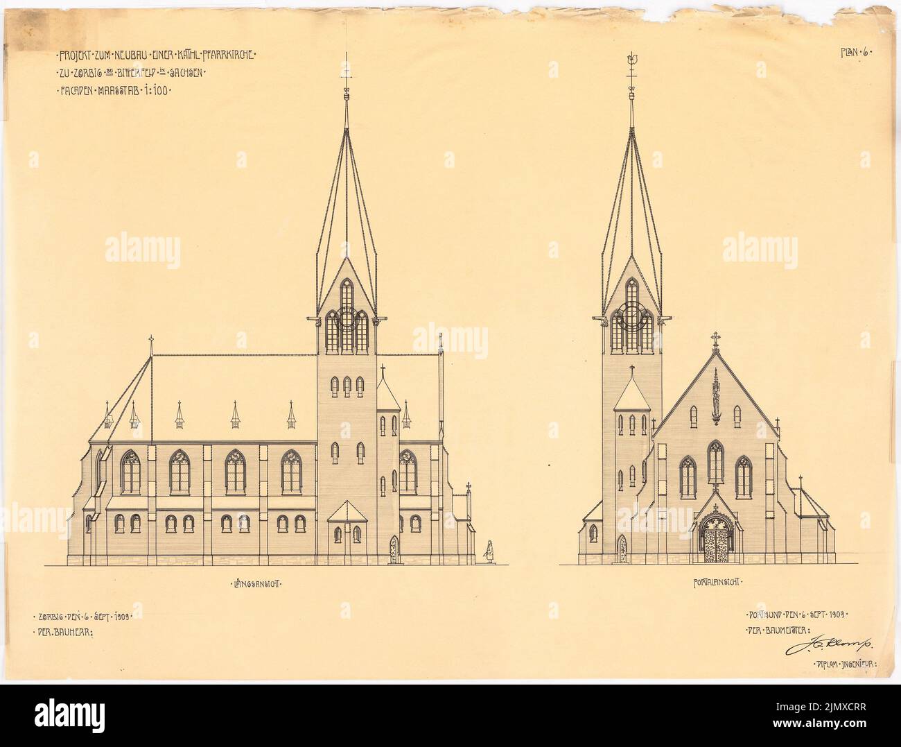 Klomp Johannes Franziskus (1865-1946), Vicarhaus et église Saint-Antonius, Zörbig (06.09.1909) : vue latérale et portail de l'église 1 : 100 (fiche 6). Encre, crayon sur transparent, 55,1 x 72,6 cm (y compris les bords de balayage) Klomp Johannes Franziskus (1865-1946): Vikarhaus und Kirche St. Antonius, Zörbig Banque D'Images