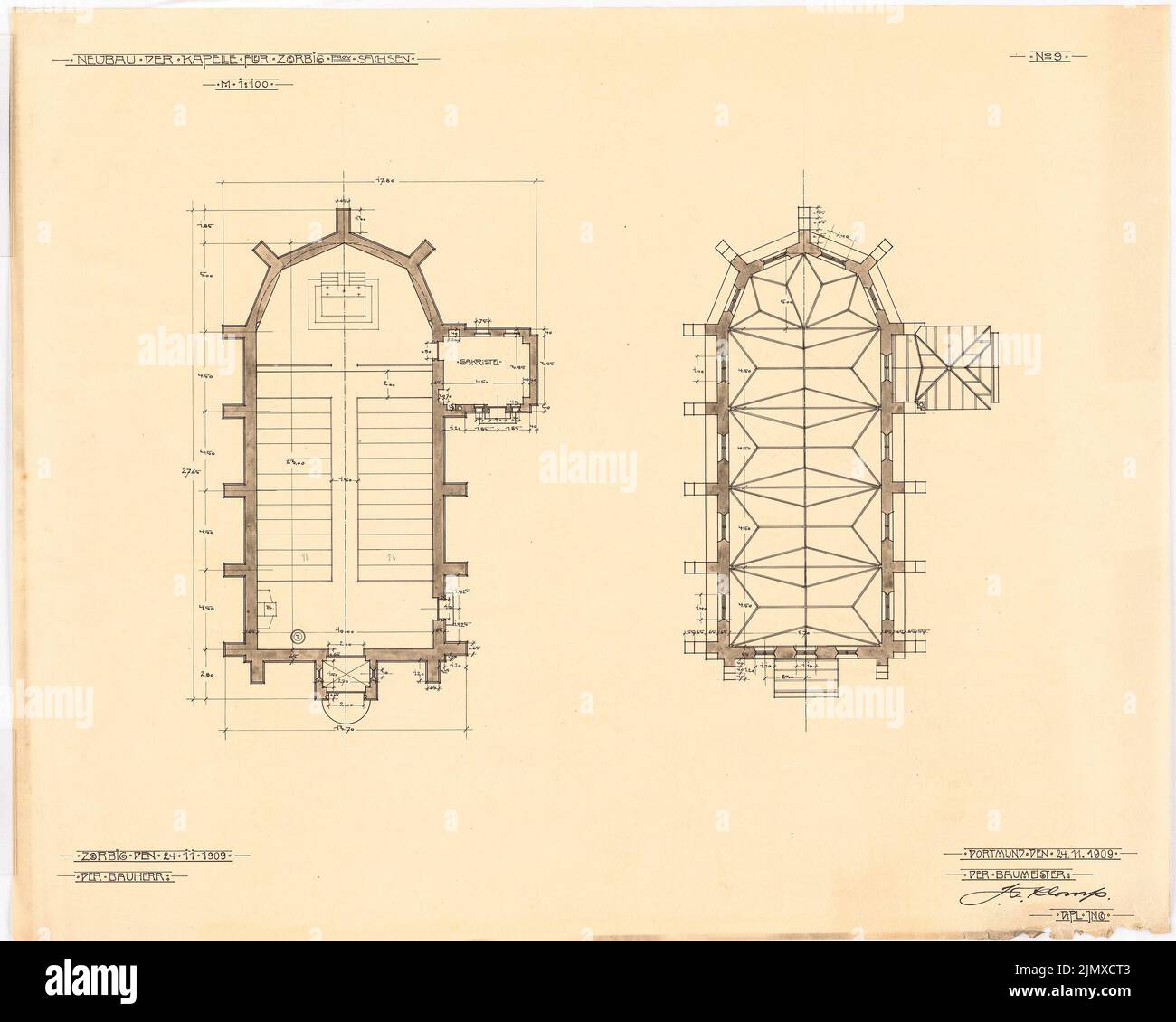 Klomp Johannes Franziskus (1865-1946), Vicarhaus et église Saint-Antonius, Zörbig (24 novembre 1909): Plan d'étage et montant voûté de l'église 1: 100 (fiche 9). Tusche aquarelle sur transparent, 53,1 x 66,4 cm (y compris les bords de balayage) Klomp Johannes Franziskus (1865-1946): Vikarhaus und Kirche St. Antonius, Zörbig Banque D'Images