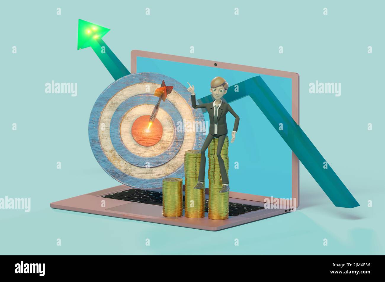 L'entreprise a fait un excellent travail. Homme d'affaires avec un bon signe sur ordinateur portable, travaillant au bureau et analysant l'infographie et de faire de l'argent. Banque D'Images