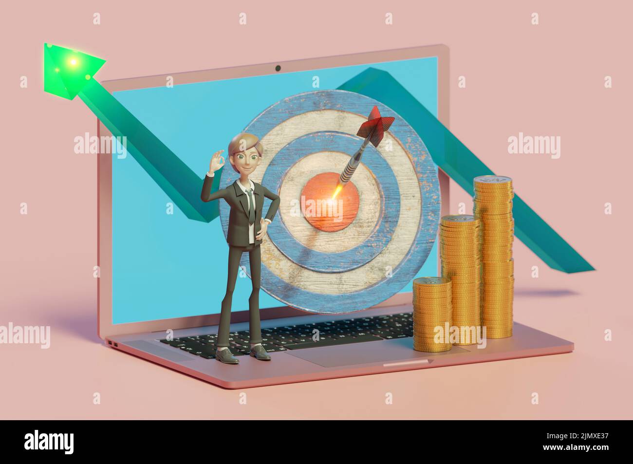 L'entreprise a fait un excellent travail. Homme d'affaires avec un bon signe sur ordinateur portable, travaillant au bureau et analysant l'infographie et de faire de l'argent. Banque D'Images