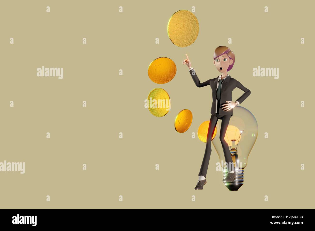 3D Illustration. 3D Rendering , homme d'affaires pointant du doigt sur l'argent et générant de nouvelles idées pour gagner de l'argent. Banque D'Images