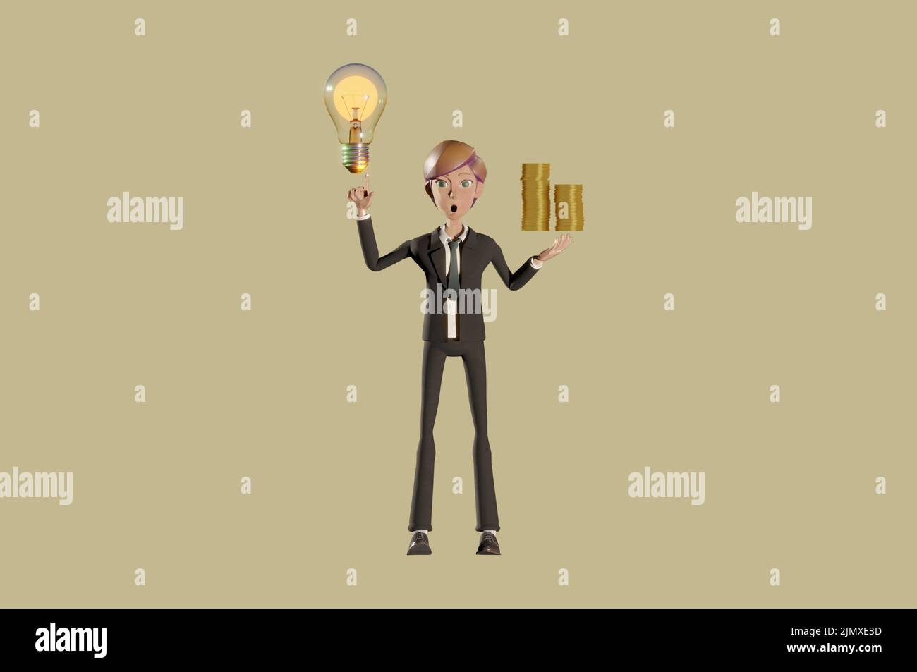 3D Illustration. 3D Rendering , homme d'affaires pointant du doigt sur l'ampoule et générant de nouvelles idées pour faire de l'argent. Banque D'Images