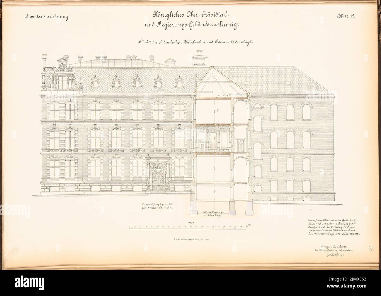 Architecte inconnu, Ober-Presidential et bâtiment du gouvernement, Danzig (env 1887/1888) : contenu du plan N.N. détecté. Lithographie colorée sur papier, 49,2 x 69,3 cm (y compris les bords de balayage) Endell Karl Friedrich (1843-1891): Ober-Präsidial- und Regierungsgebäude, Danzig Banque D'Images