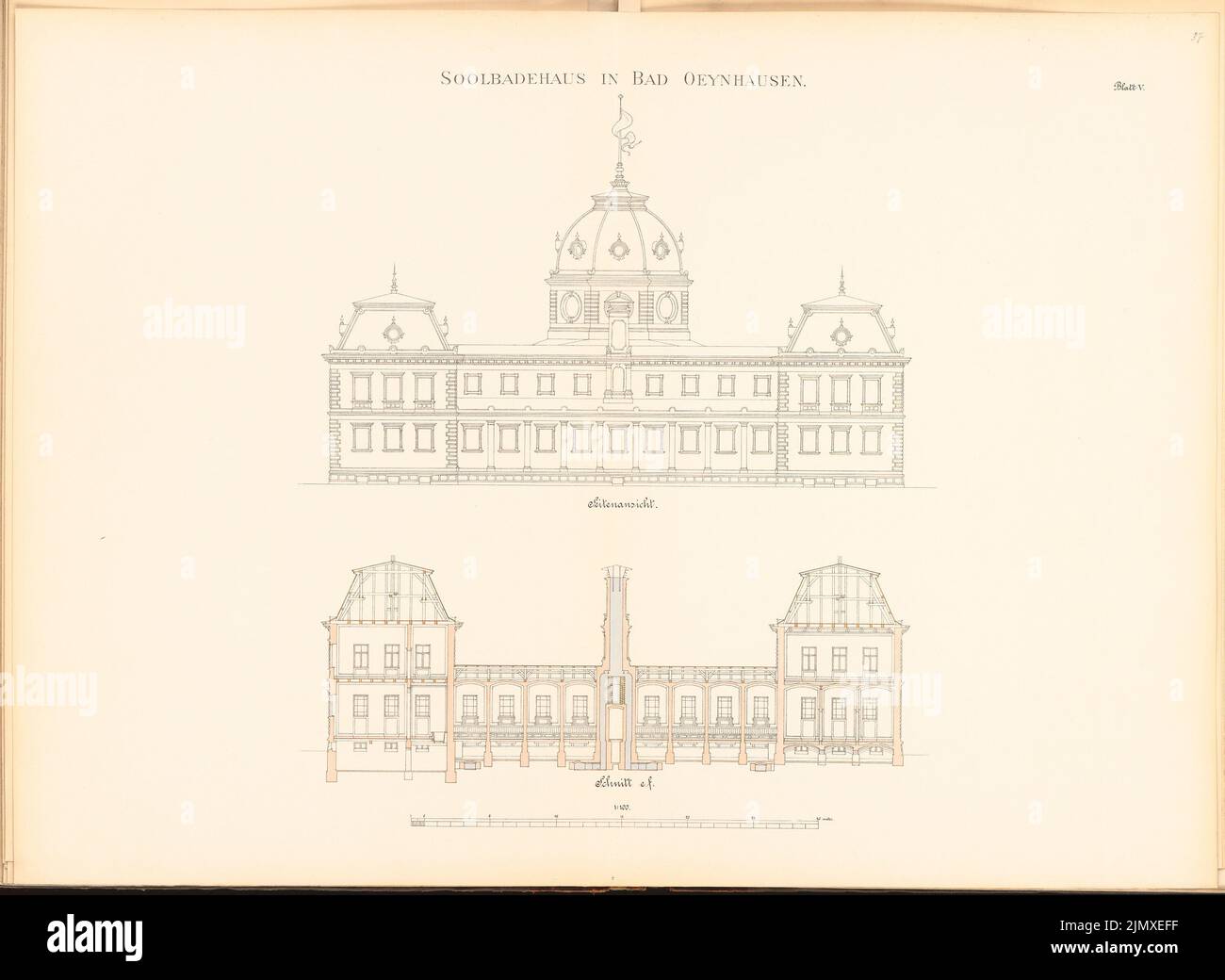 Architecte inconnu, Solbadhaus à Bad Oeynhausen (env 1889): vue latérale et moyenne 1: 100. Lithographie colorée sur papier, 67,4 x 92,2 cm (y compris les bords de numérisation) N.N. : Solbadehaus II, Bad Oeynhausen Banque D'Images