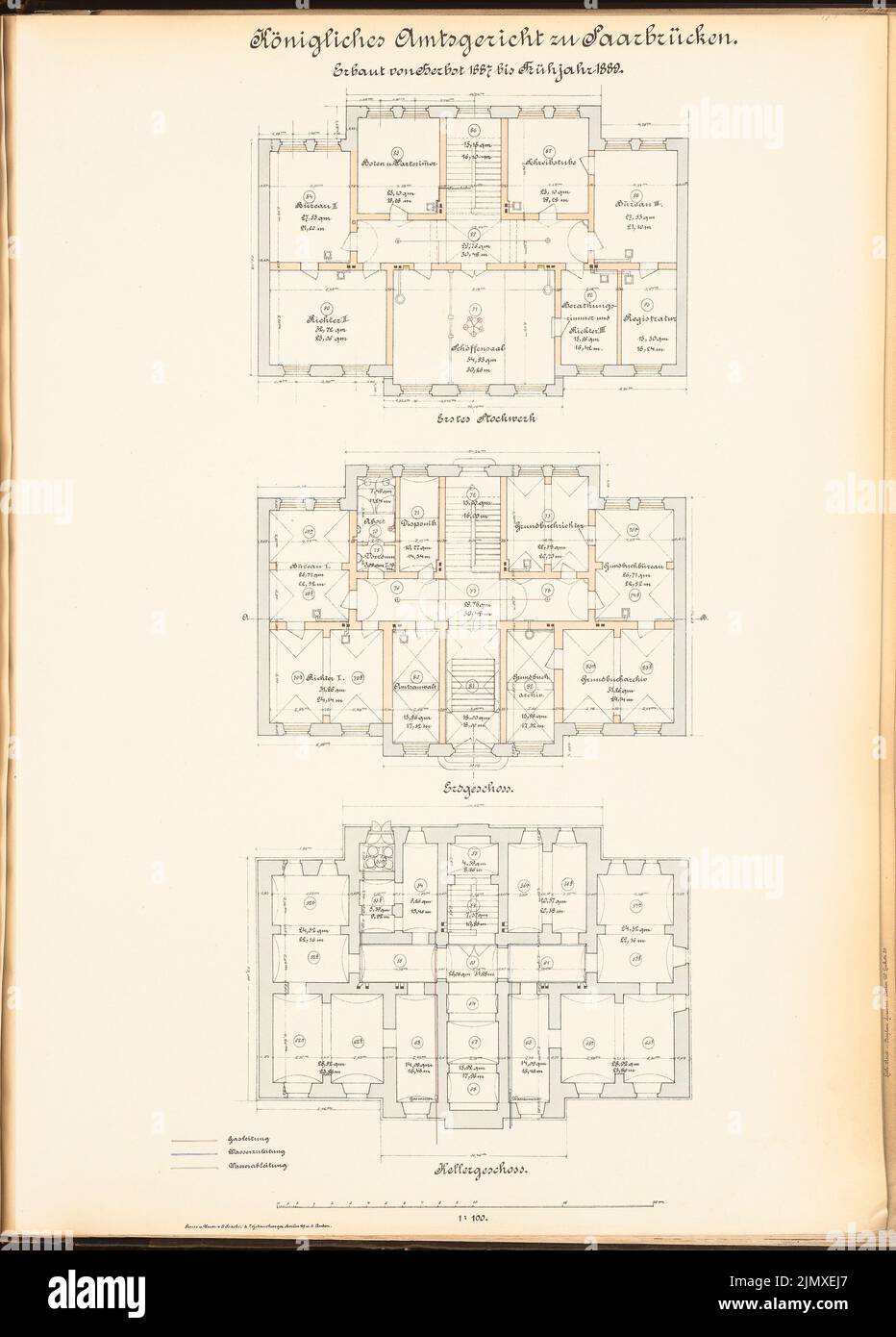 Architecte inconnu, tribunal de district de Saarbrücken (1887-1889): Grundrisse KG, EG, 1: 100. Lithographie colorée sur papier, 69,3 x 49,7 cm (y compris les bords de numérisation) N.N. : Amtsgericht, Saarbrücken Banque D'Images