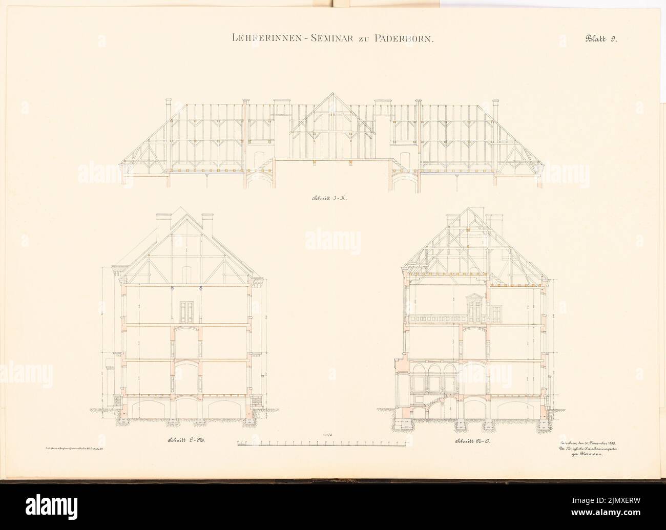 Architecte inconnu, séminaire enseignant à Paderborn (env 1889/1890): 3 coupes 1: 100. Lithographie colorée sur papier, 60,5 x 83,1 cm (y compris les bords de numérisation) N.N. : Lehrerinnenseminar, Paderborn Banque D'Images