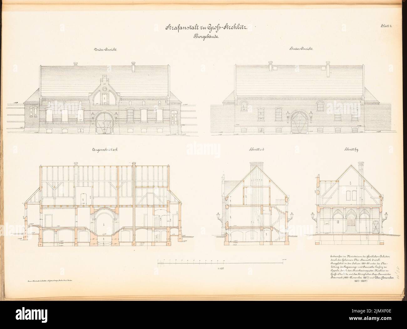 Architecte inconnu, prison de Groß-Strehlitz (1885-1889): Construction d'objectifs: 2 vues, section longitudinale, 2 coupes transversales 1: 100. Lithographie colorée sur papier, 51 x 68,8 cm (y compris les bords de numérisation) N.N. : Gefängnis, Groß-Strehlitz Banque D'Images