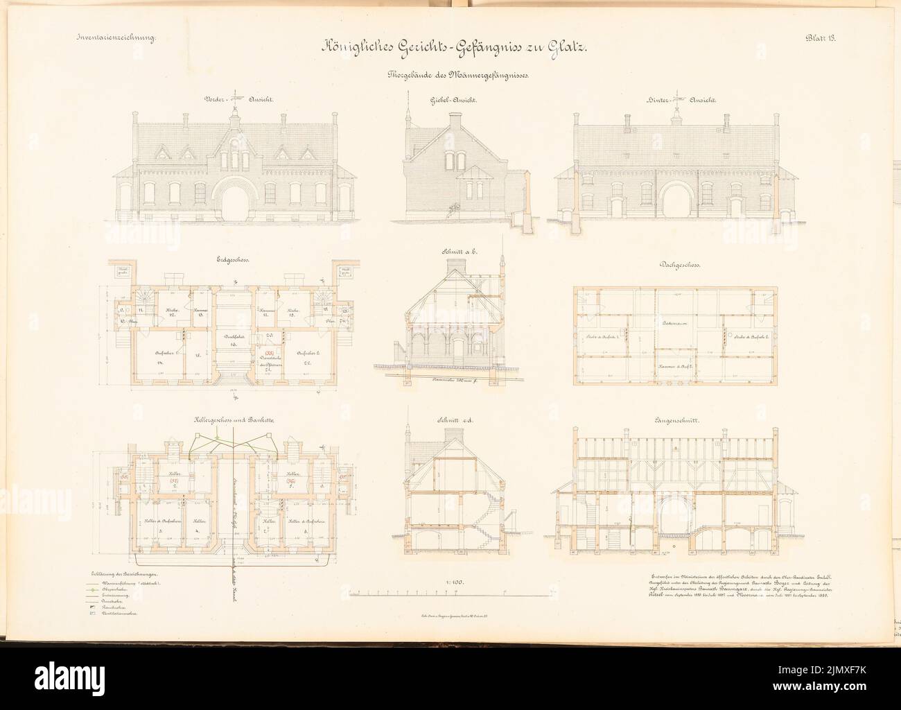 Endell Karl Friedrich (1843-1891), cour et prison de Glatz (1886-1889): Objectif de construction de la prison pour hommes: 3 vues, 3 coupes, plan de plancher, ce, DG 1: 100. Lithographie colorée sur papier, 66,8 x 92,9 cm (y compris les bords de balayage) Endell Karl Friedrich (1843-1891): Gericht und Gefängnis, Glatz Banque D'Images