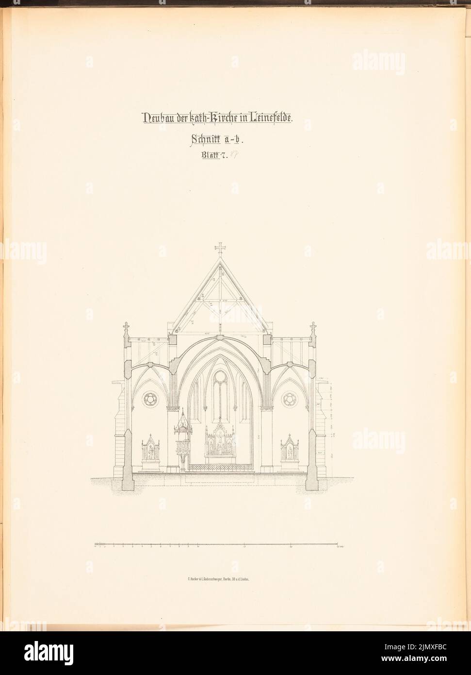 Architecte inconnu, Église catholique de Leinefelde (env 1890): Couper. Lithographie sur papier, 66 x 49,3 cm (y compris les bords de numérisation) N.N. : Katholische Kirche, Leinefelde Banque D'Images