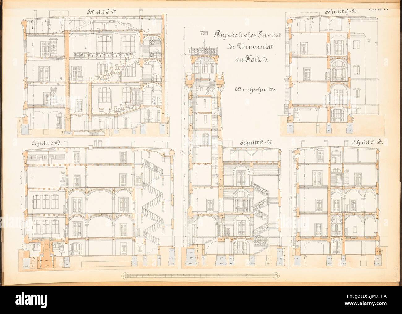 Kilburger Otto, Institut de physique de l'Université Martin Luther Halle/Saale (1887-1890): 5 coupes. Lithographie sur papier, 49 x 68,8 cm (y compris les bords de balayage) Kilburger Otto : Physikalisches Institut der Martin-Luther-Universität Halle/Saale Banque D'Images