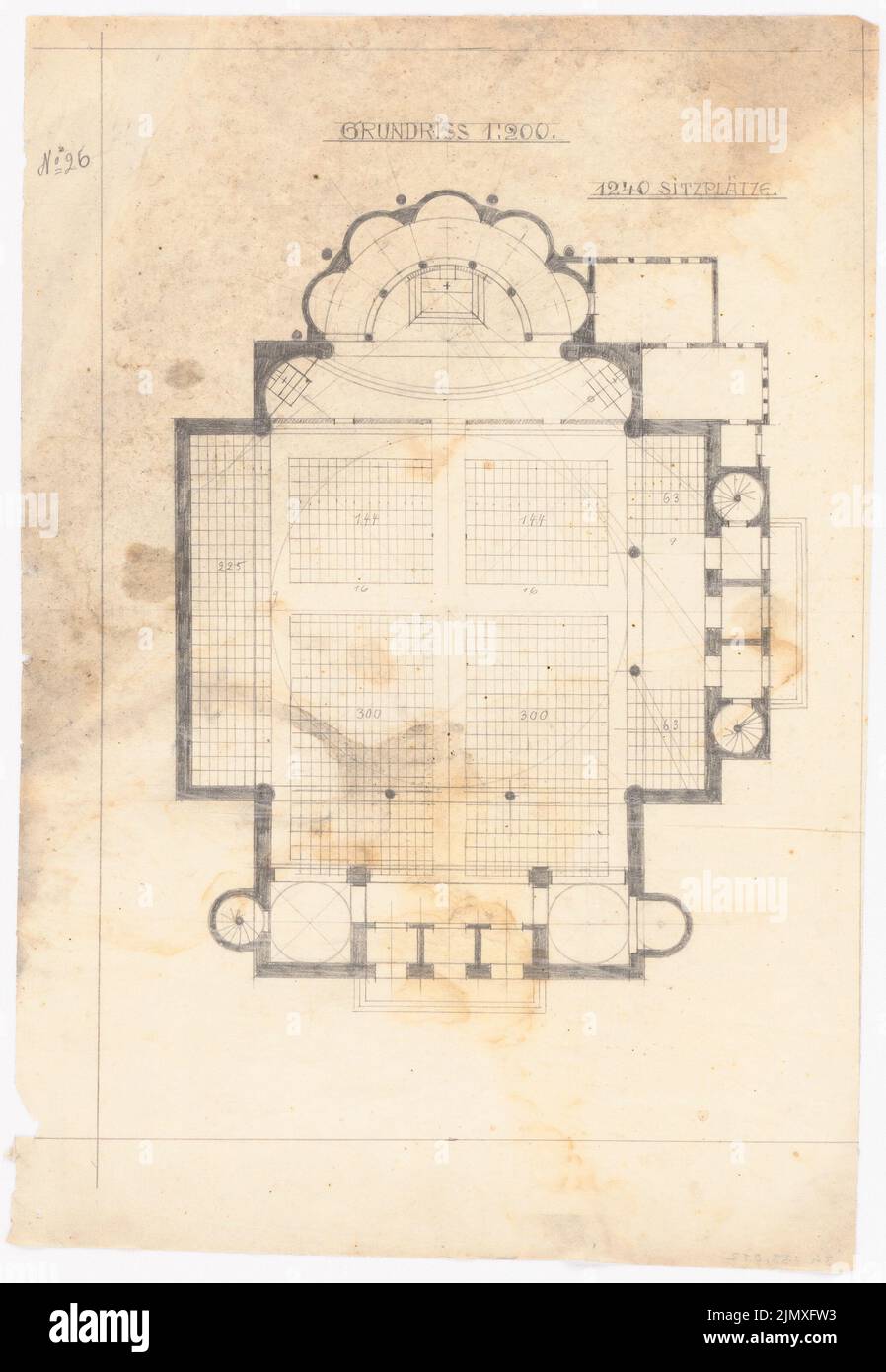 Klomp Johannes Franziskus (1865-1946), église (dessins de Heinrich Grabbe pour Klomp?) (1922-1922): Plan d'étage 1: 200 (fiche 26). Crayon sur transparent, 39,1 x 27 cm (y compris les bords de balayage) Klomp Johannes Franziskus (1865-1946): Kirche (Entwürfe von Heinrich Grabbe für Klomp?) Banque D'Images