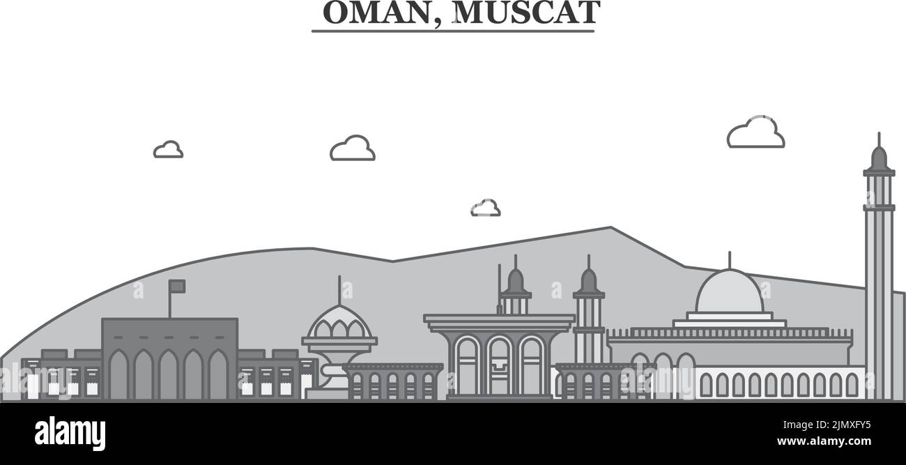 Oman, illustration vectorielle isolée des gratte-ciel de la ville de Muscat, icônes Illustration de Vecteur