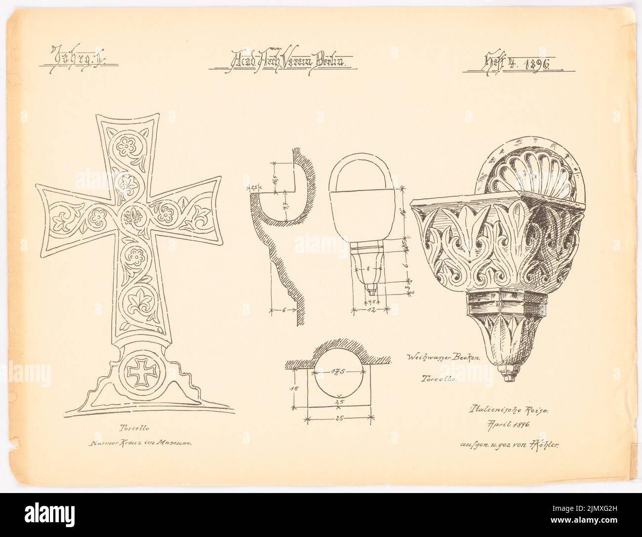 Academic Architects Berlin (AAVB), croquis de voyage (04,1896): Numéro 4: Détails du Musée de Torcello (voyage en italien le 1896 avril). Pression sur papier, 28,5 x 37,1 cm (y compris les bords de balayage) Akademischer Architektenverein Berlin (AAVB) : Reiseskizzen Banque D'Images