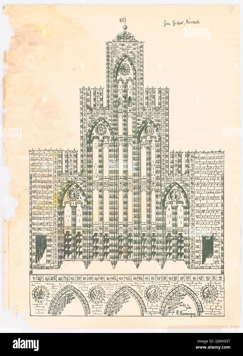 Association des architectes universitaires Berlin (AAVB), Skizzenheft SS 1902: Maison paroissiale Spital à Rostock (1902): Vue pignon. Pression sur papier, 39,2 x 28,7 cm (y compris les bords de balayage) Akademischer Architektenverein Berlin (AAVB) : Skizzenheft SS 1902: Spitalpfarrhaus, Rostock Banque D'Images