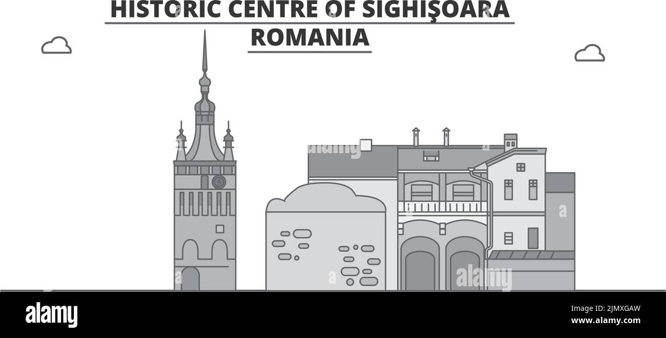Roumanie, Sighisoara ville Skyline illustration vectorielle isolée, icônes Illustration de Vecteur