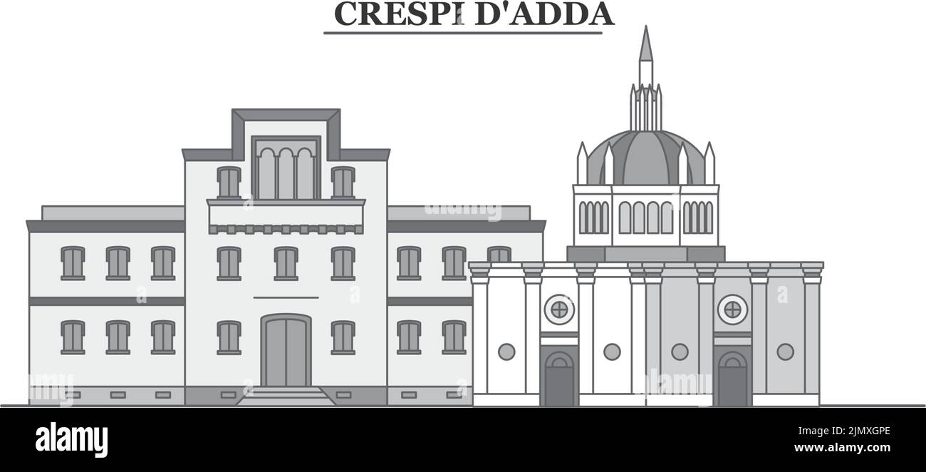 Italie, Crespi d'adda ville Skyline illustration vectorielle isolée, icônes Illustration de Vecteur