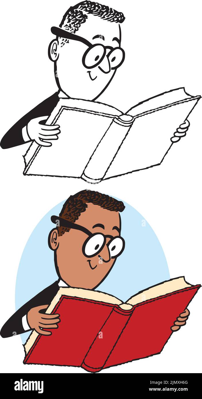 Un dessin animé rétro vintage d'un homme d'affaires portant des lunettes de lecture d'un livre. Illustration de Vecteur