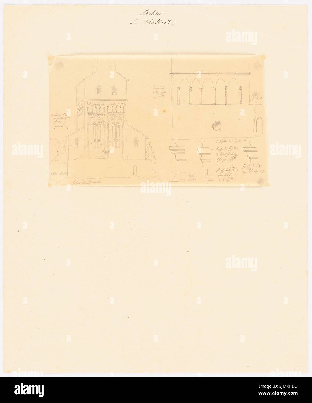 Quast Ferdinand von (1807-1877), Saint-Adalbert, Aix-la-Chapelle (sans dat.) : vue de la tour ouest avec structure de frise arquée et zone de douille, vue partielle de la Blendgalerie avec arches pointues. Crayon sur transparent, 34,3 x 28,4 cm (y compris les bords de numérisation) Banque D'Images