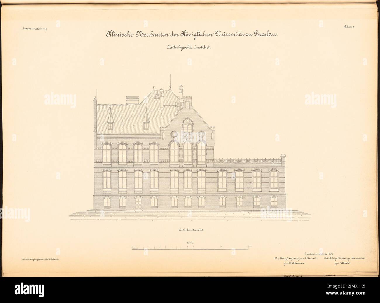 Diestel Georg (1854-1926), Université de Wroclaw. Instituts médicaux sur Maxstrasse. institut pathologique (1890-1892): Vue de l'est 1: 100. Lithographie sur papier, 50,1 x 68,7 cm (y compris les bords de numérisation) Banque D'Images