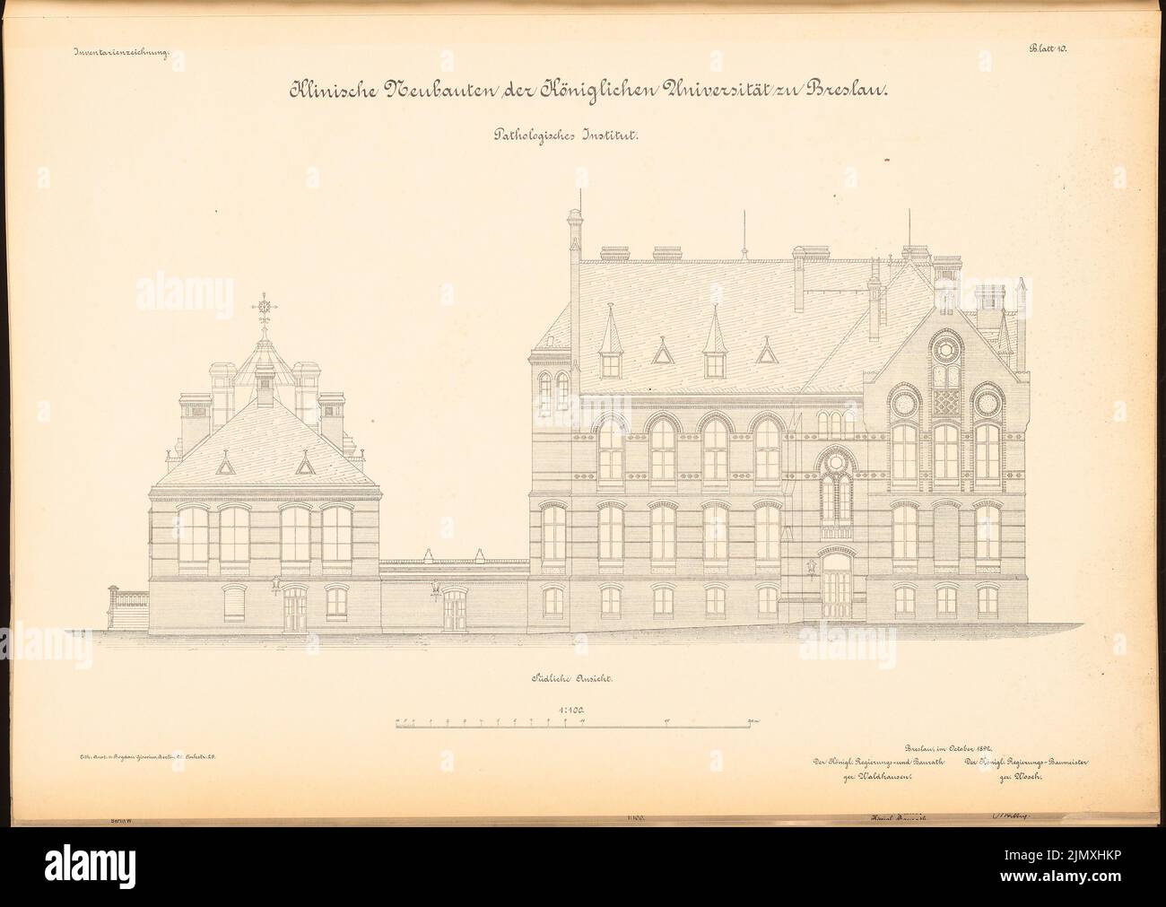Diestel Georg (1854-1926), Université de Wroclaw. Instituts médicaux sur Maxstrasse. institut pathologique (1890-1892): Vue du sud 1: 100. Lithographie sur papier, 48,9 x 69 cm (y compris les bords de numérisation) Banque D'Images