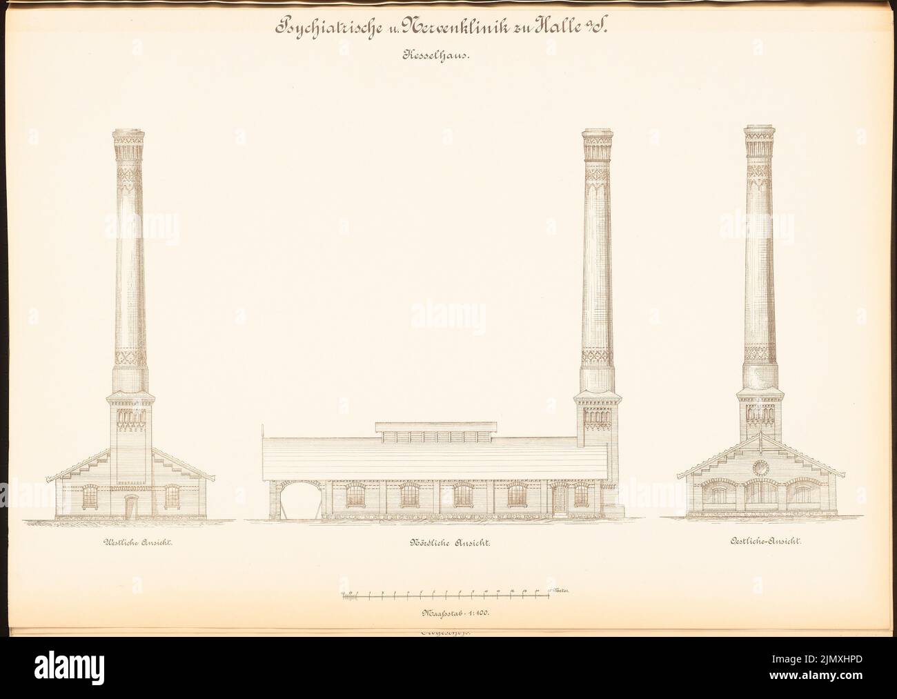 Architecte inconnu, clinique psychiatrique et nerveuse de l'Université Martin Luther Halle/Saale (env 1892/1893): Kesselhaus: vue de l'ouest, du nord et de l'est 1: 100. Lithographie sur papier, 48,8 x 68,7 cm (y compris les bords de numérisation) Banque D'Images