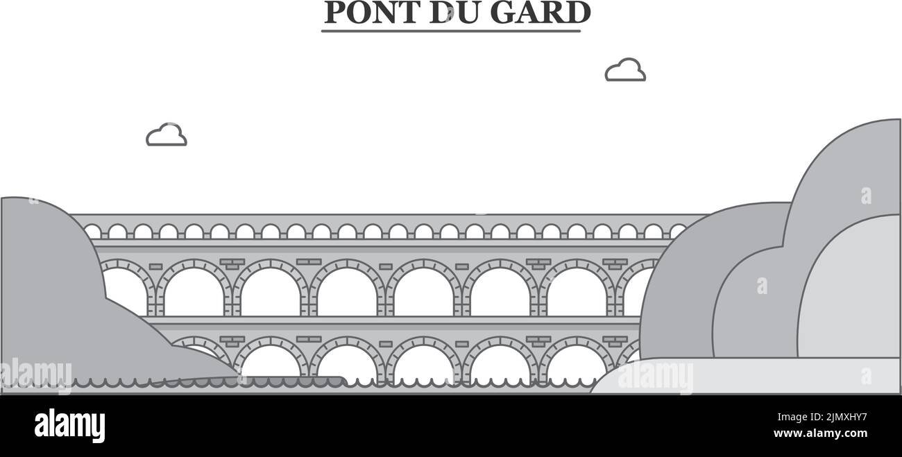 France, vue d'horizon de la ville du Pont du Gard illustration vectorielle isolée, icônes Illustration de Vecteur