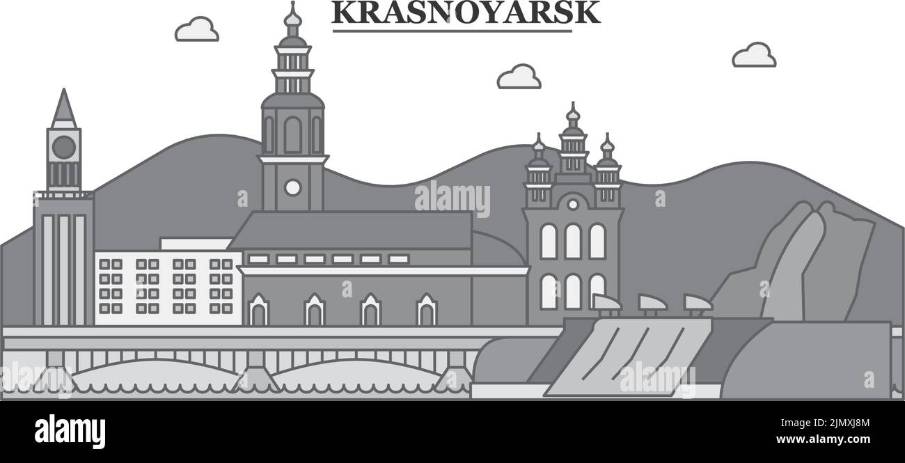 Russie, ville de Krasnoyarsk, illustration vectorielle isolée, icônes Illustration de Vecteur