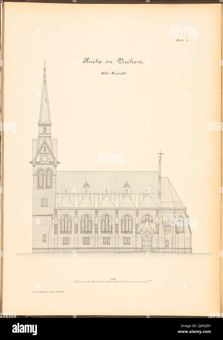 Architecte inconnu, église à Virchow (env 1893/1894): Vue du Sud 1: 100. Lithographie sur papier, 68,9 x 48,3 cm (y compris les bords de numérisation) Banque D'Images