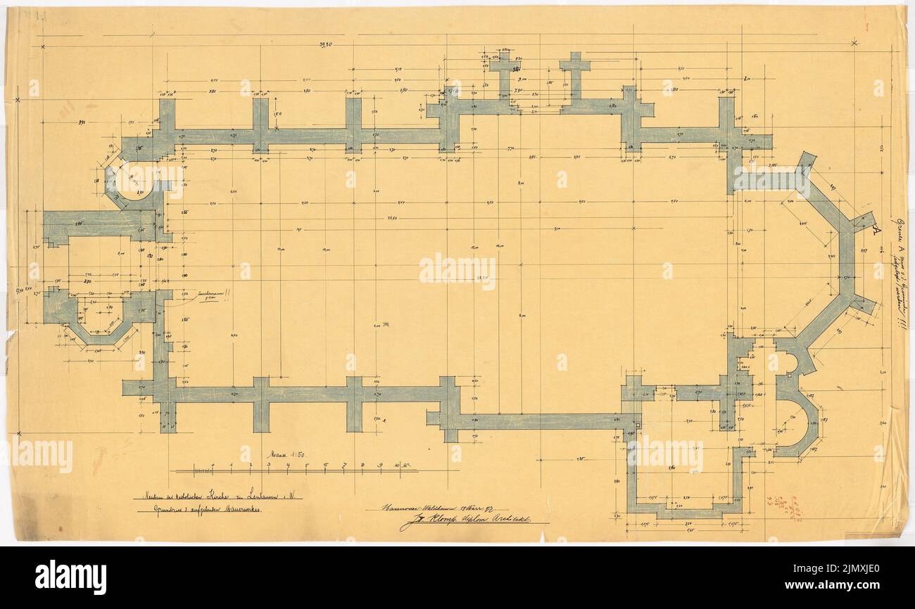 Klomp Johannes Franziskus (1865-1946), Sainte-Anna, Lenhausen (19 mars 1897): Plan d'étage de la maçonnerie montante 1:50. Encre, crayon de couleur sur transparent, 58,3 x 97,7 cm (y compris les bords de numérisation) Banque D'Images