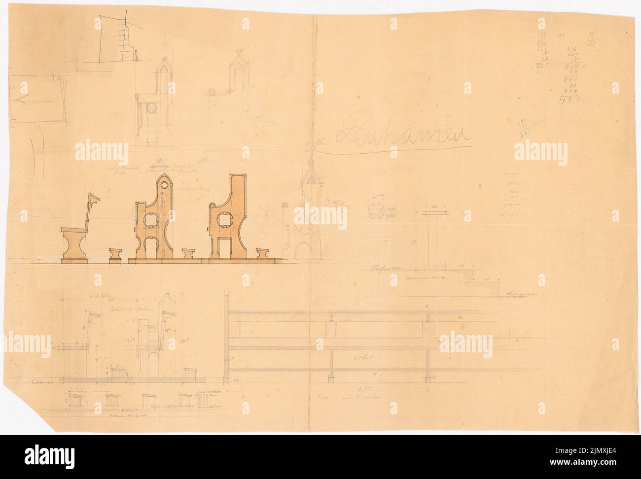 Klomp Johannes Franziskus (1865-1946), St. Anna, Lenhausen (1896-1899): Vues, coupes et détails des bancs de l'église; Détails 1: 1 de la menuiserie sur le dos. Encre, crayon aquarelle sur papier, 53,1 x 78,2 cm (y compris les bords de numérisation) Banque D'Images