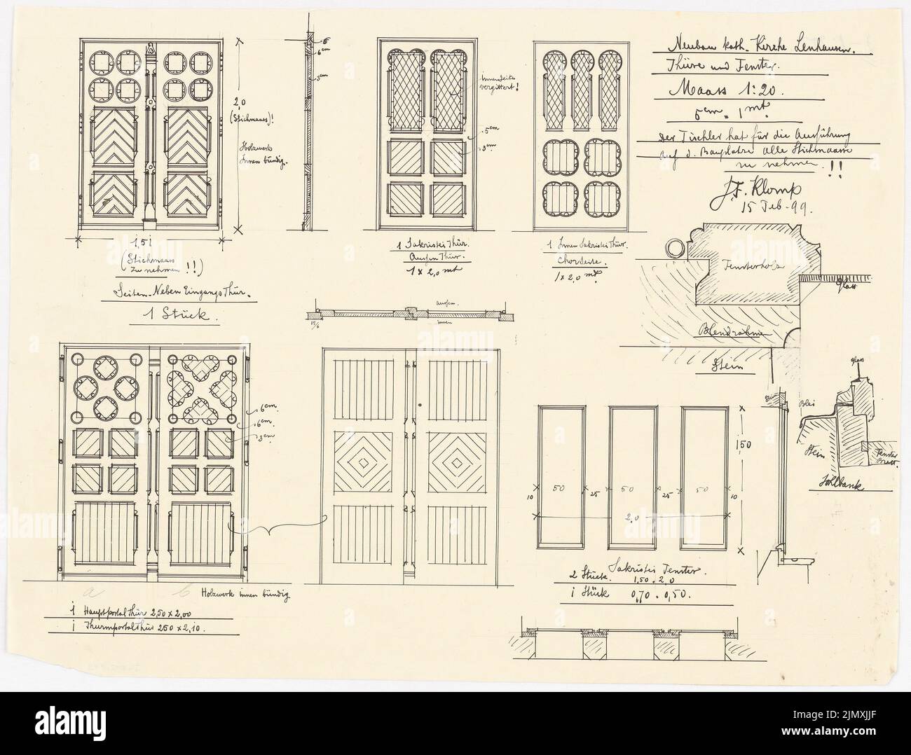 Klomp Johannes Franziskus (1865-1946), Saint-Anna, Lenhausen (15 février 1899): Vues, coupures, plans d'étage 1:20 et détails des portes de l'église. Encre sur transparent, 36,2 x 47,7 cm (y compris les bords de numérisation) Banque D'Images